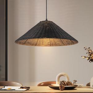 23.6'' Large Weaving Rattan Chandelier, Black Coastal Chandelier Hand Woven Rattan Dome Pendant Lighting Fixture Farmhouse Natural Basket Hanging Light