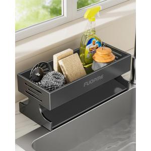 Sponge Holder for Kitchen Sink - Rustproof Carbon Steel Sink Caddy Organizer with Auto-Drain, Dish Sponge & Soap Dispenser Rack for Kitchen Countertop Storage, Grey (Large, Gray)