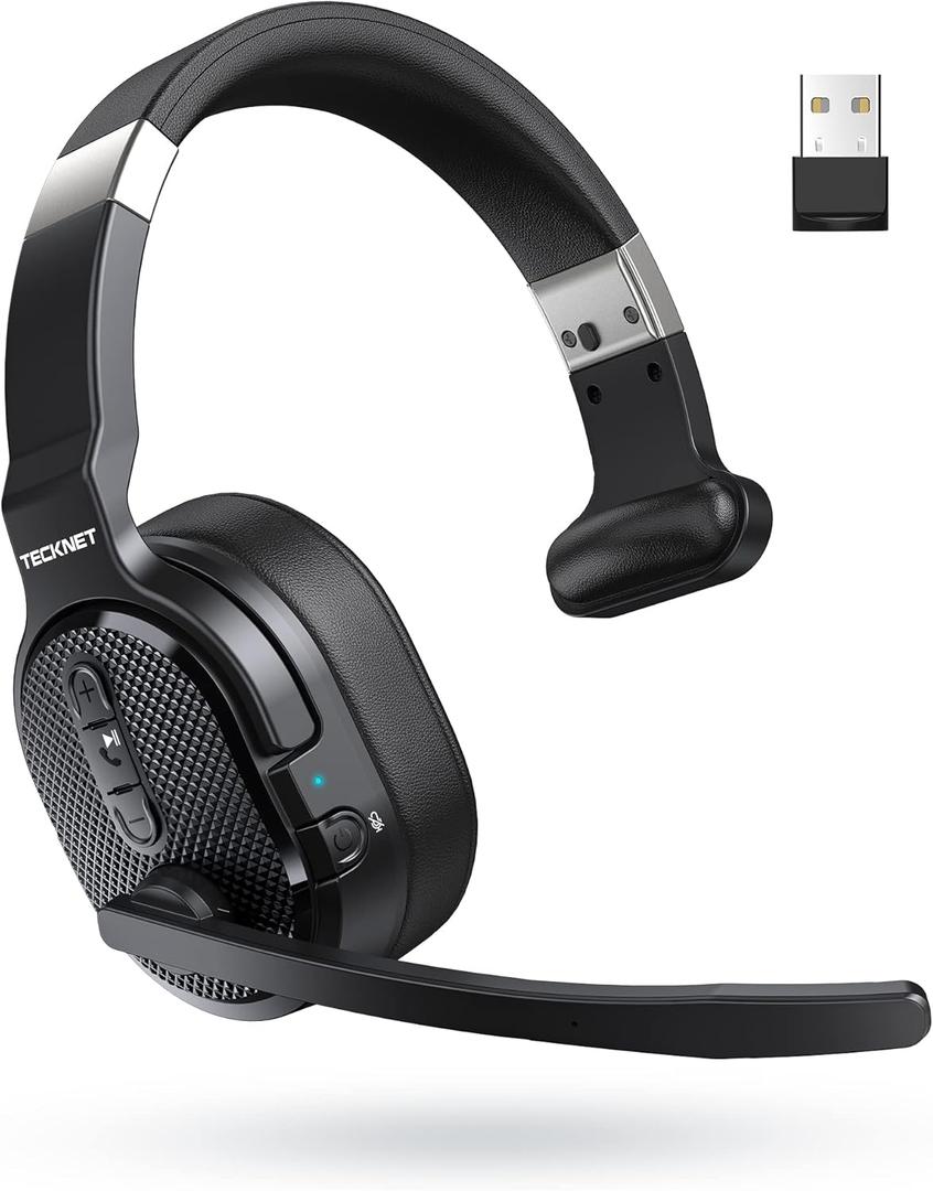 TECKNET Trucker Bluetooth Headset, AI Noise Canceling 70h Wireless Headphones Bluetooth with Microphone & Dongle, ENC Headset with Mute for PC Phone Laptop Office Home, All Day Comfort