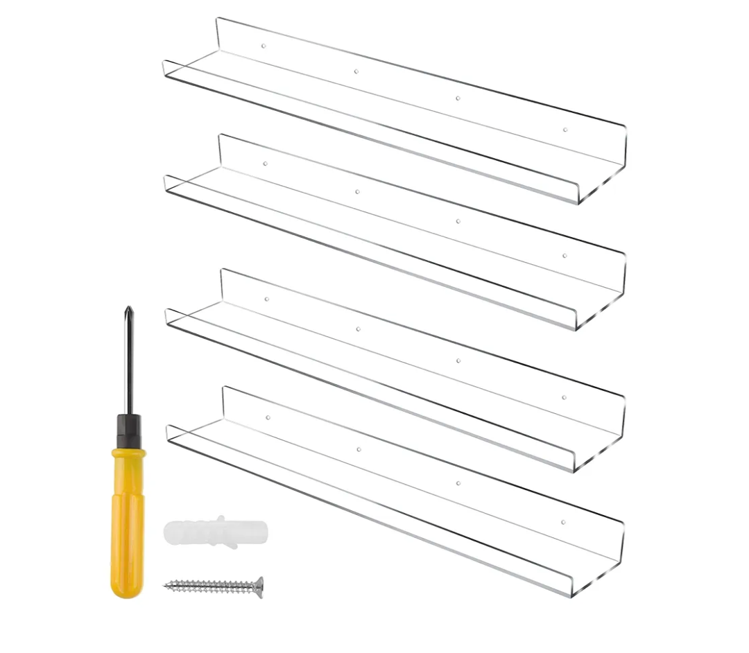 24 Inch Clear Floating Shelves 4 Pack Acrylic Shelves Invisible Floating Wall Ledge Bookshelf 5MM Thick Book Display Shelves Wall Mounted Bathroom Kitchen Organizer