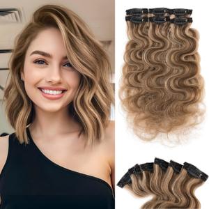 Clip in Short Hair Extensions Real Human Hair,Prokyvity Short Hair Extensions Clip ins,Wavy Mini Hairpieces for Volume & Highlights,Seamless Design,6 Pieces 33g 12 inch Medium Brown Mixed Dark Blonde