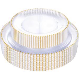 Rubtlamp 60Pcs Clear Gold Plastic Plates, Clear Disposable Plates With Gold Beaded, Heavyduty Plastic Plates Include 30 Dessert Platos, 30 Dinner Platos for Wedding Party