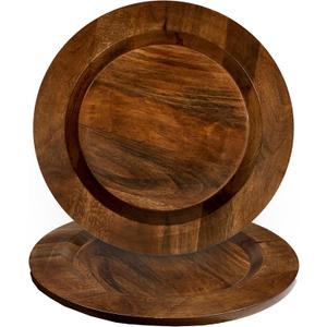 CLEENTABLE Wooden Chargers Plates Set of 2-13" Serving Dinner Plate for Weddings, Parties, Rustic Table Decor, Indoor Outdoor Dining - Lightweight Round Appetizer Plates (Walnut)