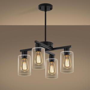 4Light Modern Farmhouse Black Chandelier, Dining Room Light Fixture Over Table Adjustable Height Hanging Industrial Pendant Lights Kitchen Island, Clear Glass Shade