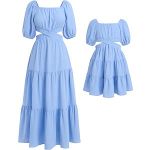 AWIBMK Mommy and Me Dresses Square Neck Solid Color Ruffled Dress with Pockets Summer Cutout Waist Tiered Matching Outfits (Small, Light Blue)