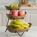 KOKUNKA 2 Tier Fruit Bowl for Kitchen Counter, Ceramic Fruit Basket with Metal Stand Tiered Fruit Display Set for Fruit, Vegetable, Cake, Dessert, Nuts, Snack, Brown