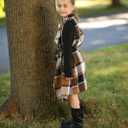 PATPAT Preschool Girl Fall Outfit Ribbed Knit Dress with Khaki Check Shacket Casual & Comfy, 45 Years