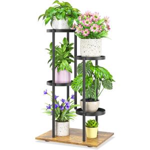 iDavosic.ly 4 Tier Plant Stand Indoor Outdoor, Tiered Corner Multiple Flower Pot Holder Shelf, Metal 30 Inch Tall Display Rack for Patio Porch Living Room Garden Balcony, Modern Black & Rustic Brown