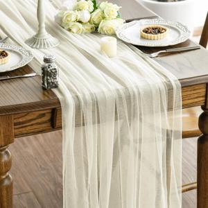 Artoid Mode Beige Gauze Table Runner 120 Inch 10FT, Seasonal Sheer Kitchen Dining Holiday Wedding Birthday Baby Shower Table Decor for Home Party (59" x 120")