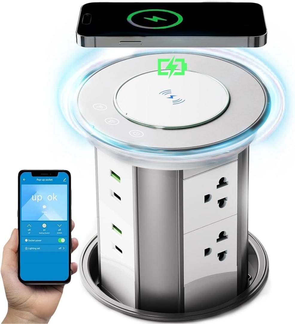 German Technology Motorized Pop Up Outlet for Countertop 15W Fast Wireless Charger, Countertop Electrical Outlet with 6 AC Outlets & 4 USB Ports (20W PD), APP Remote Control,Free 4.92 inch Hole Saw