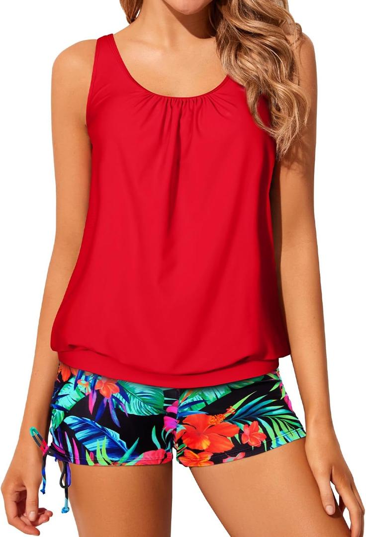 Yonique Blouson Tankini Swimsuits for Women 2 Piece Bathing Suits Tops with Boyshorts Modest Loose Fit Swimwear (X-Large, Red & Floral)