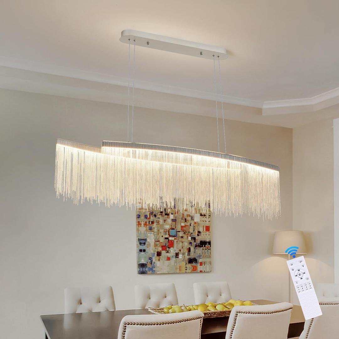 Aluminum Tassel Linear are Deco Rectangular Chandelier,LED Kitchen Chandeliers Over Table, Hanging Light Fixture for Dining Room with Remote Control L47