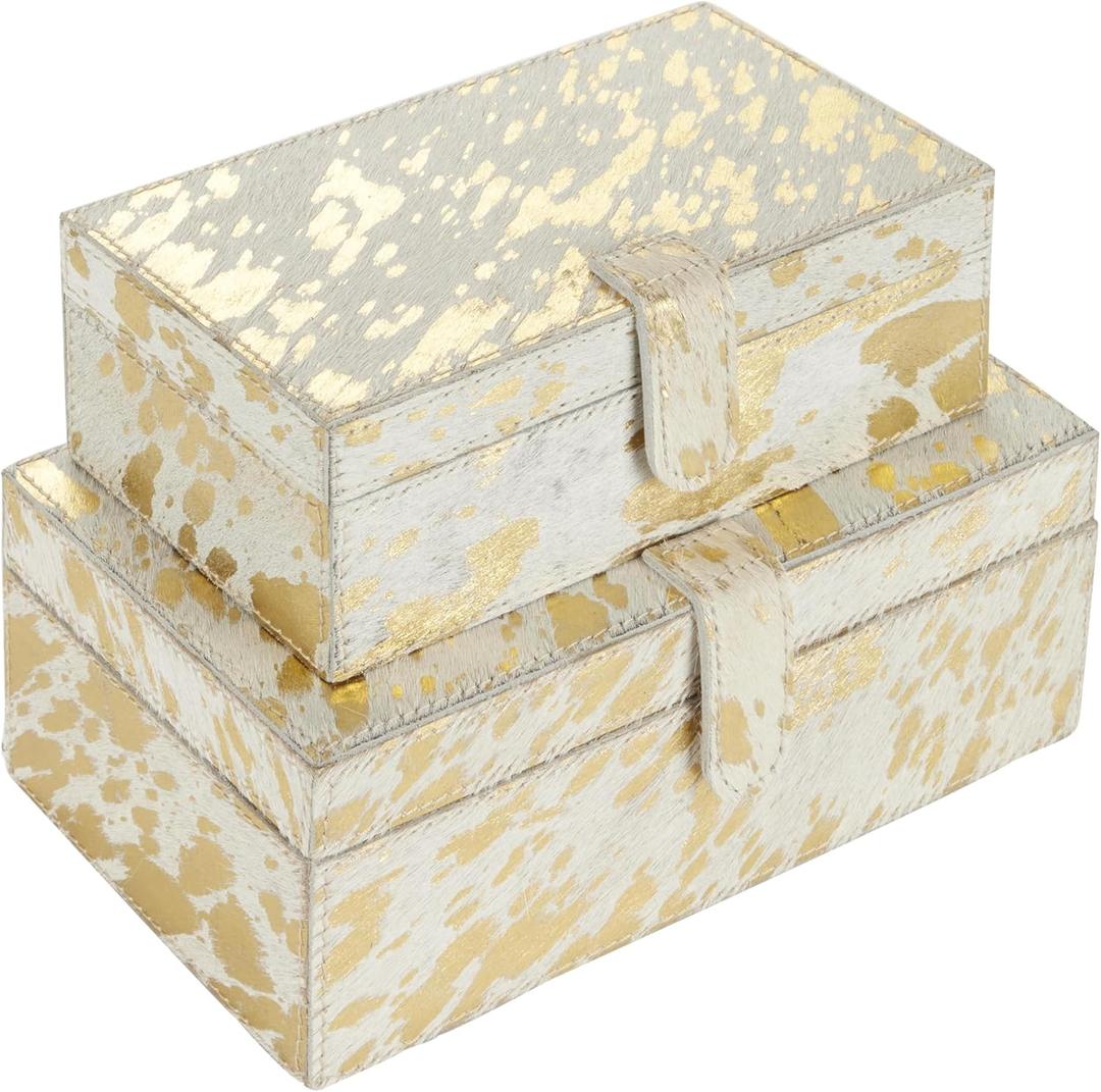 Deco 79 Leather Handmade Decorative Box Decorative Keepsake Boxes with Gold Foil Paint, Set of 2 Storage Boxes 8", 10"W, Gold
