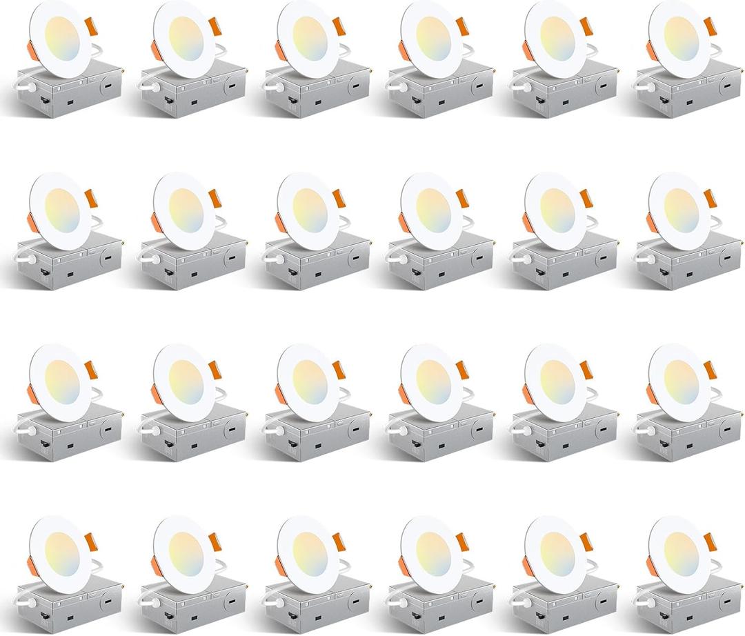 Amico 24 Pack 3 Inch 5CCT Ultra-Thin LED Recessed Ceiling Light with Junction Box, 2700K/3000K/3500K/4000K/5000K Selectable, 7W Eqv 60W, Dimmable Canless Wafer Light, 500LM High Brightness, ETL&FCC (White)