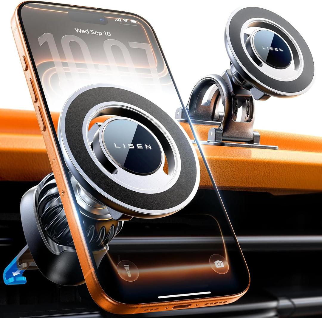 LISEN for MagSafe Car Mount [Strong Magnets] Magnetic Phone Holder for Car Hands Free Cell Phone Mount Cradle Vent & Dashboard Car Accessories for Women Men fit iPhone 17 16 15 14 13 12, Black | 2-in-1 Vent & Dashboard Car Phone Mount 22*N55 Strong Magnets Holds Your Phone Securely