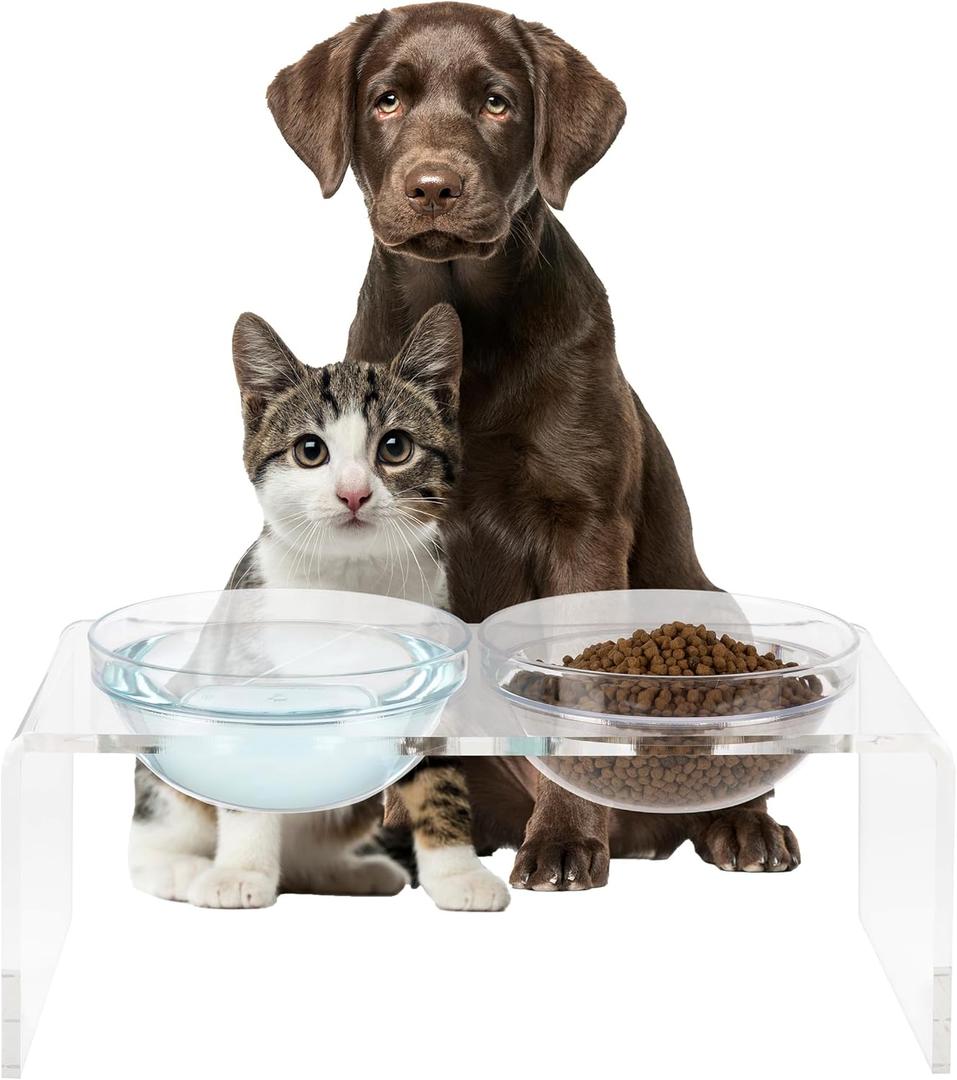 Elevated Dog and Cat Bowls Set - 7.1-Inch Tall Acrylic Dog Bowl Stand with 2 Removable Stainless Steel Bowls and 2 Plastic Bowls for Food and Water - Modern Cat and Dog Products by PETMAKER