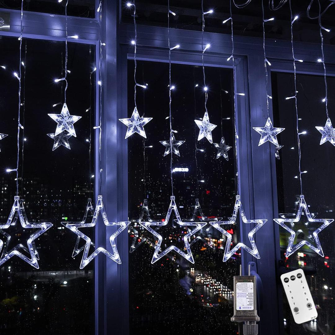 Blingstar Star Curtain Lights - 138 LED 12 Star Lights, 8.2ft Extendable, 8 Modes, Remote, Cool White