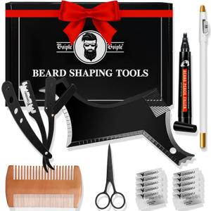 Beard Shaper for Men Beard Shaping Tools - Gifts for Men Beard Template Guide, Straight Edge Razor, 10 PCS Double Edge Blade, Barber Pencil, Beard Comb, Stainless Steel Scissor Mustache Lineup Tools