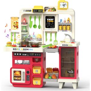 Kids Kitchen Playset with Lights, Sounds & Steam, Large Toddler Kitchen Playset with Sink, Grill, Play Food Sets for Kids Kitchen, Toy Kitchen Accessories, Pretend Play Kitchen Set with Storage Bag (Red)