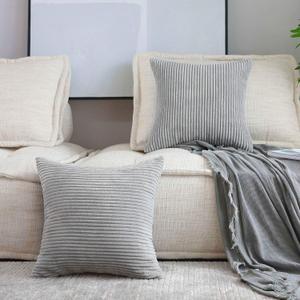 Home Brilliant 2 Packs Decor Soft Decorative Striped Corduroy Velvet Square Throw Pillow Sofa Cushion Covers for Couch, 50cm, 20 x 20 Inch, Light Grey