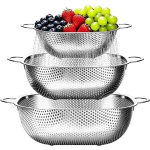 P&P CHEF Stainless Steel Colander Set of 3-2.4/4 / 6 Qt, Square Colanders for Kitchen, Pasta Strainer for Washing Draining Rinsing Spaghetti Fruit Food, Dishwasher Safe & Healthy