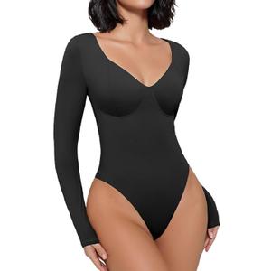 Avidlove Bodysuit for Women Long Sleeve Double Lined Tank Top V Neck Bodysuit Tummy Control Shapewear (Black, L)