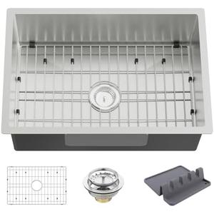 Stainless Steel Drop In Kitchen Sink - 27x18 Inch Modern Undermount Single Bowl - SS Grid, Spoon Rest, Drain Strainer Set
