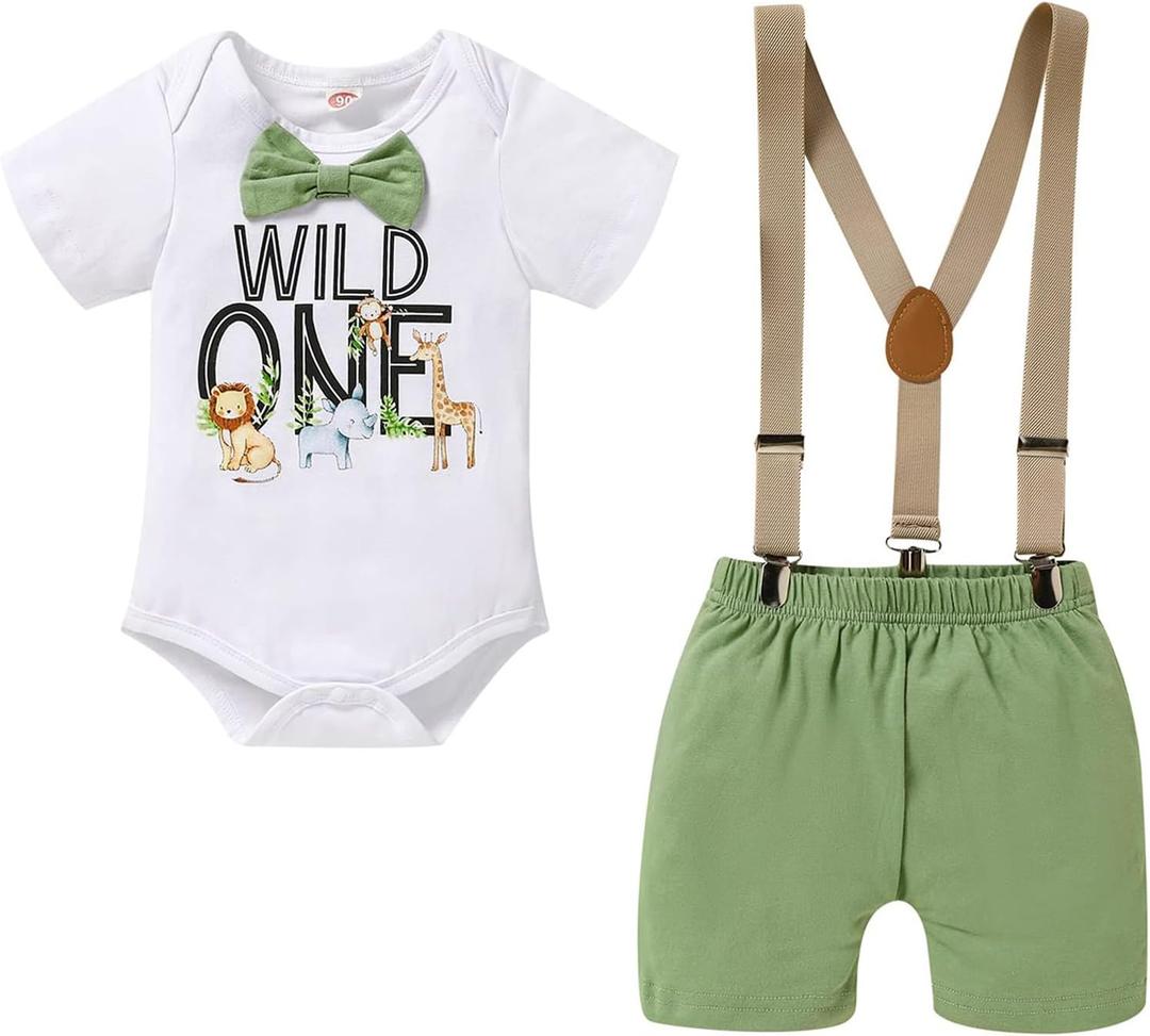 GRNSHTS Baby Boy Funny First Birthday Clothes Infant Boy Bow Tie Romper Bodysuit Cake Smash Outfits (Green, S)