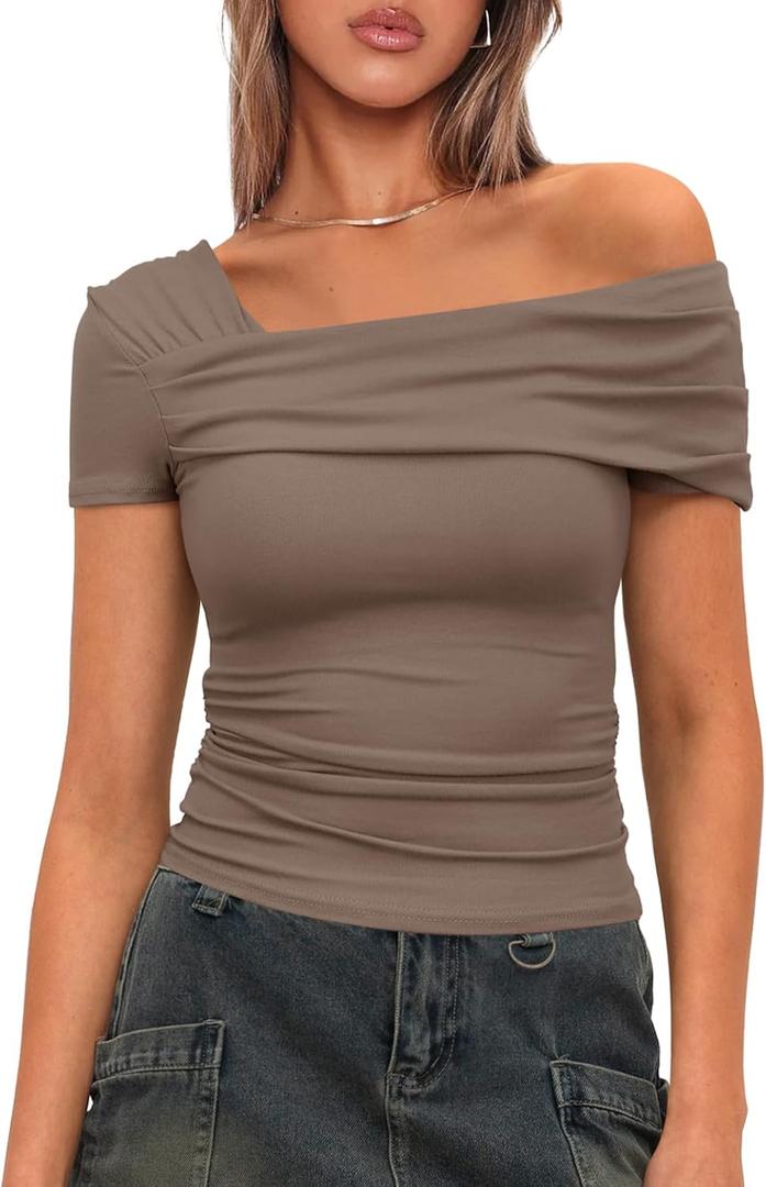 Darong Women's Summer Short Sleeve One Off The Shoulder Top Ruched Going Out Tops Slim Fit Y2K Shirt (Medium, Khaki)