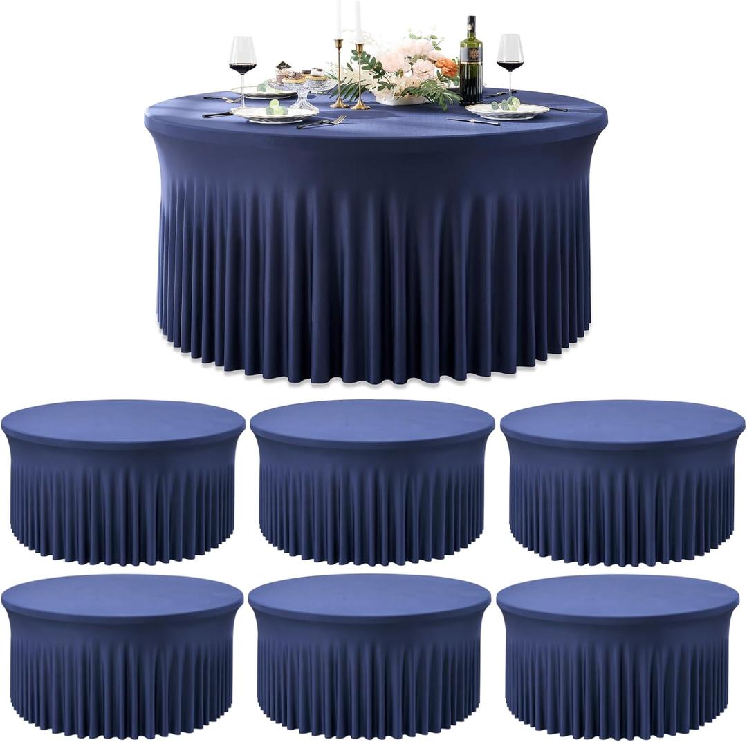 Outpain 6 Pack Spandex Navy Blue Round Tablecloths for 60in Tables, 120Inch Stretchy Fitted 5FT Round Table Clothes,Wrinkle Free Table Cover with Skirt for Wedding Party Dining Banquet