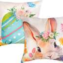 Sucrain 2 PCS Easter Bunny Throw Pillow Covers 18x18 inch Spring Easter Eggs Rabbit Decorative Pillows Cushion Case for Couch Sofa Patio Garden Spring Decor