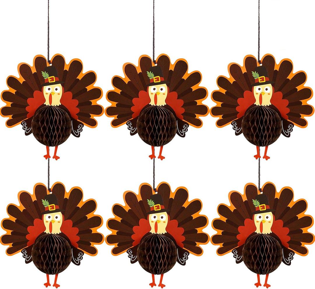Outus Thanksgiving Hanging Paper Turkey Honeycomb Tissue Turkey Honeycomb Centerpiece for Thanksgiving Day Table Decorating Kit Party Supplies (6) Brown