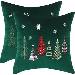 Tosleo Christmas Embroidery Throw Pillow Covers 24 x 24 inch Set of 2 Xmas Dec Velvet Pillowcases Forest Green Christmas Trees Cushion Pillow Cases Soft Square Holiday Pillowcase