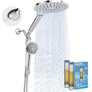 Dual Filtered Rain Shower Head Combo, Handheld Shower Head with Adjustable Bar - Rainfall Shower Head And Showerhead with Filter for Hard Water - Removes Chlorine (Premium Chrome)
