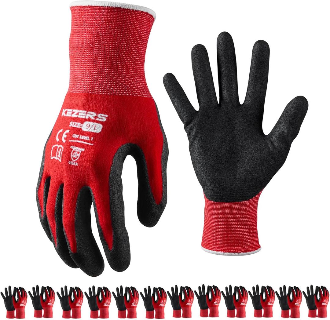 KEZERS Work Gloves,12 Pairs MicroFoam Nitrile Coated Work Gloves for Men,Seamless Knit Nylon Gloves,Home Improvement (Large)