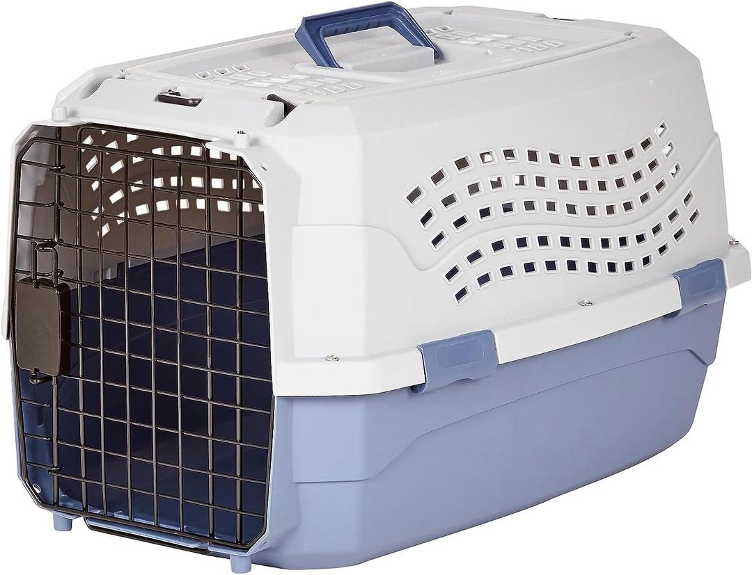 Amazon Basics Sturdy Portable 2-Door Top-Load Hard-Sided Pet Travel Carrier with Secure Ventilation, Handle, Front & Top Entry for Dogs, Cats, 22.8"L x 15"W x 13"H, Gray & Blue