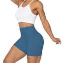 Sunzel No Front Seam Biker Shorts for Women with Pockets, Yoga Workout Gym Bike Shorts with Tummy Control 5" Inseam Blue Gray Small