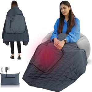 Portable USB Heated Blanket, Battery Powered Heating Blanket with 3 Heat Settings, 3 Hours Auto Off Wearable Heated Portable Blankets with Overheat Protection(Battery Pack Not Included) (Dark Blue)