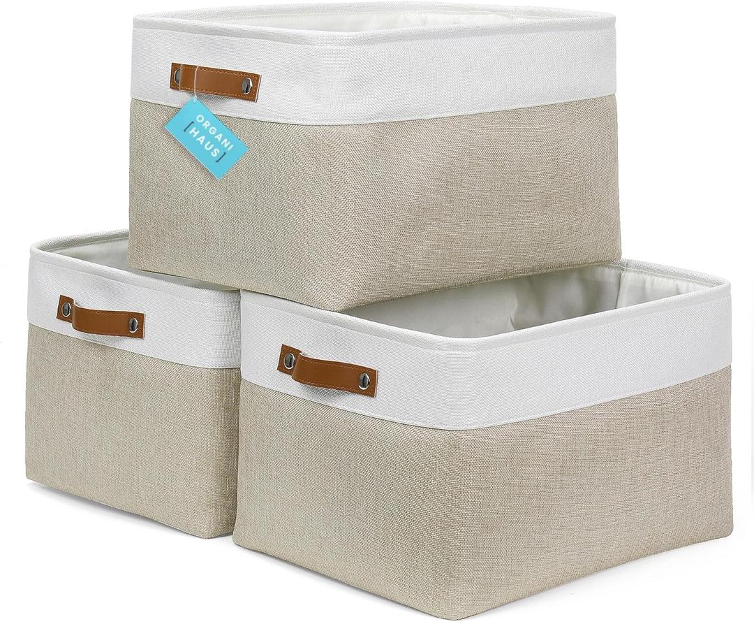 OrganiHaus Extra Large Fabric Storage Bins for Shelves 16x13in, Closet Storage Baskets for Shelf Organizing, Canvas Rectangle Bins for Organization, Linnen Baskets for Organizing - Beige/Off-White (Extra Large - 3pc)