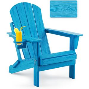 Folding Adirondack Chair, Patio Chair Weather Resistant, Outdoor Chair Wood Texture, Lawn Chair with Cup Holder, Fire Pit Chair for Deck,Outdoor,Porch,Backyard,Garden (Pacific Blue)