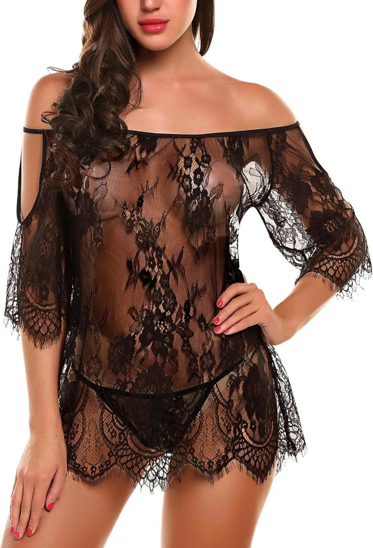 Avidlove Women Chemises Lace Smock Lingerie Mini Babydoll S-4XL (Medium, Black)