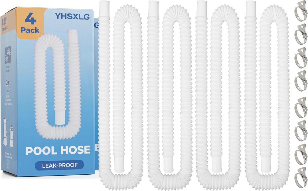 Pool Hoses for Above Ground Pools, 4 Pack 1.25 Inch Pool Filter Pump Hoses, Compatible with Pool Filter Pump 607, 637 With 8 Metal Clamps