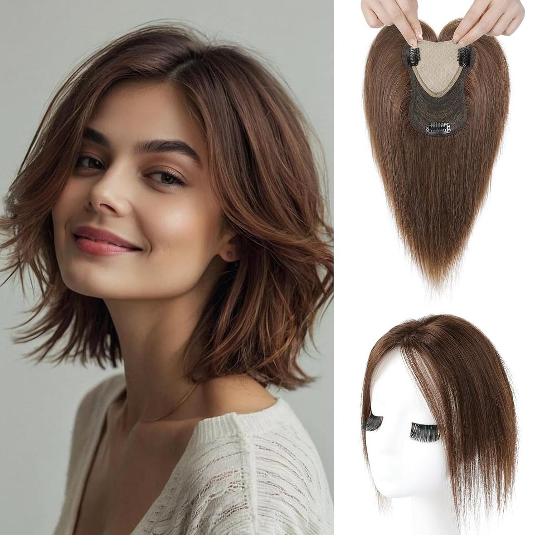 REECHO Human Hair Toppers for Women Real Human Thick Hair Topper Invisible Wiglett for Daily Wear Adding Instant Volume, Medium Brown (3.6x4.6")