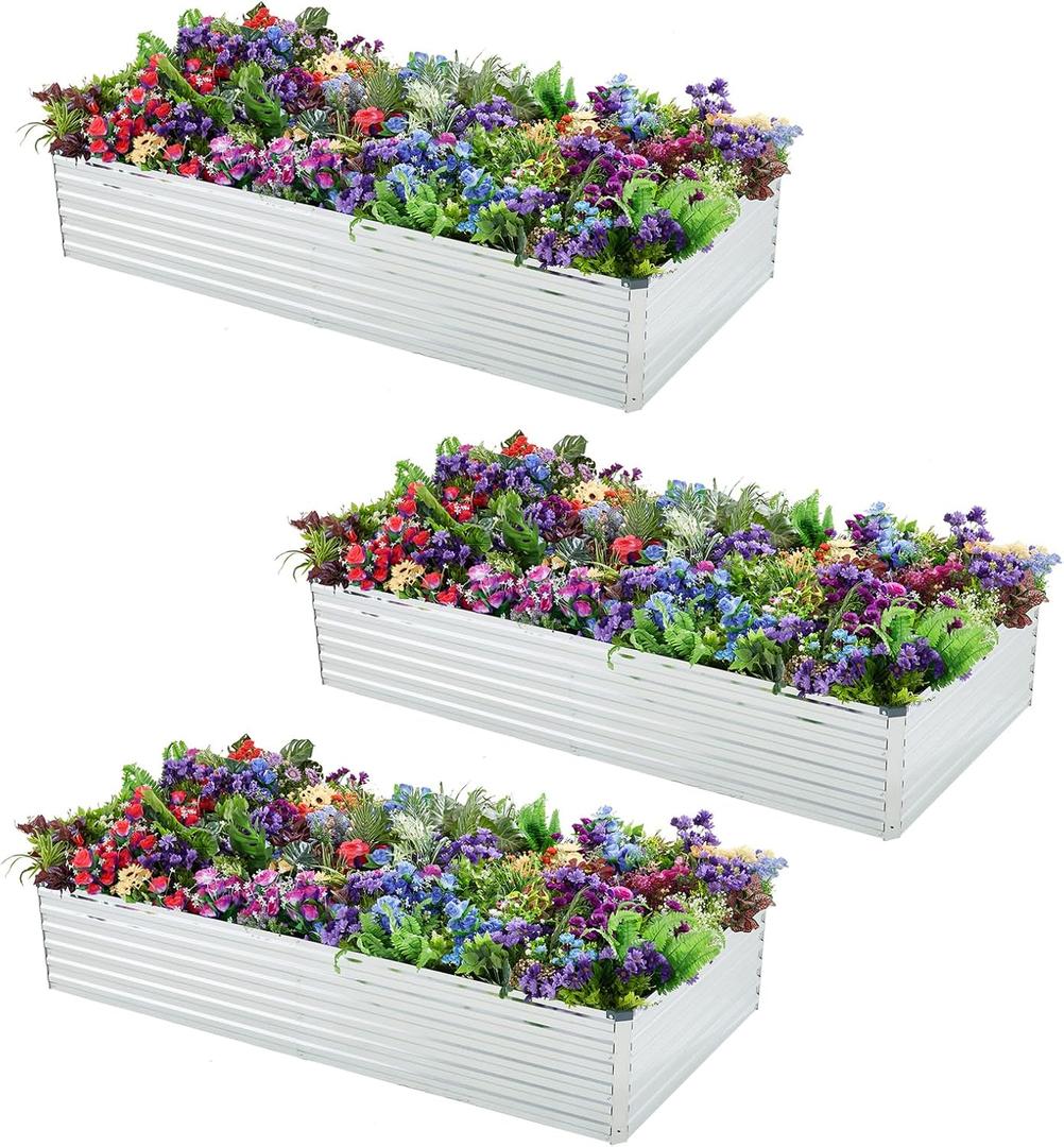 Meberam 3 Pack 6x3x1FT Galvanized Raised Garden Beds Kit Outdoor Metal Gardening Planter Box for Vegetable Elevated Flower Herbs,Silver