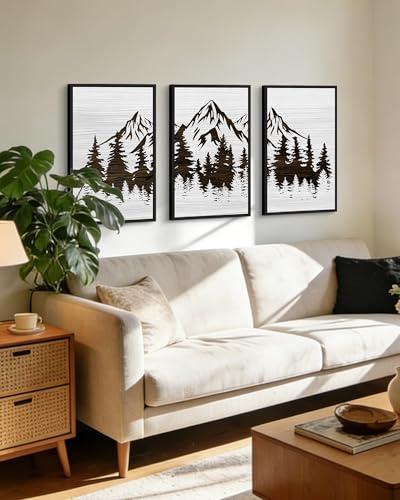 KUVIOKE Mountains Tree Framed Wall Art Boho White Forest Nature Landscape Artwork Painting Morden Country Woodcut Wood Wall Decor Rustic Home Decor for Bedroom Farmhouse 16x24in (Black Framed)