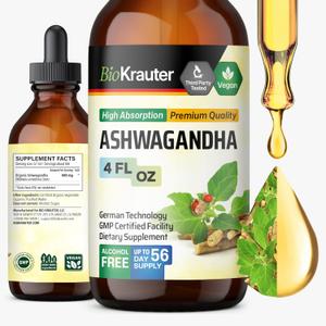 BIO KRAUTER Ashwagandha Supplements - Liquid Drops Pure Vegan Ashwagandha for Women & Men 685 mg per Serving 4 Fl.Oz 56-Day Supply - Used for Mood Magic & Relaxation Support - Alcohol & Sugar Free