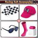 G.C 8pcs Kids Girls Race Car Driver Costume Toddler Racing Suit Rose Red Racer Dress Costumes Accessories Car Cap Knee Socks Sunglasses Flags Halloween Dress up Clothes (XS(3-4T))
