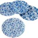 Blue & White Floral Pattern Picnic/Dinner Plate, 9 Inch Melamine, Set of 4