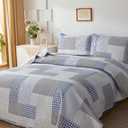 Plaid Ultra Lightweight Quilt Set Queen Size (90"x90") Blue Gray White Stripes Checkered Pattern Coverlet Bedding Sets Tartan Grid Reversible Bed Cover Sets for All Season Use,1 Quilt, 2 Pillow Shams