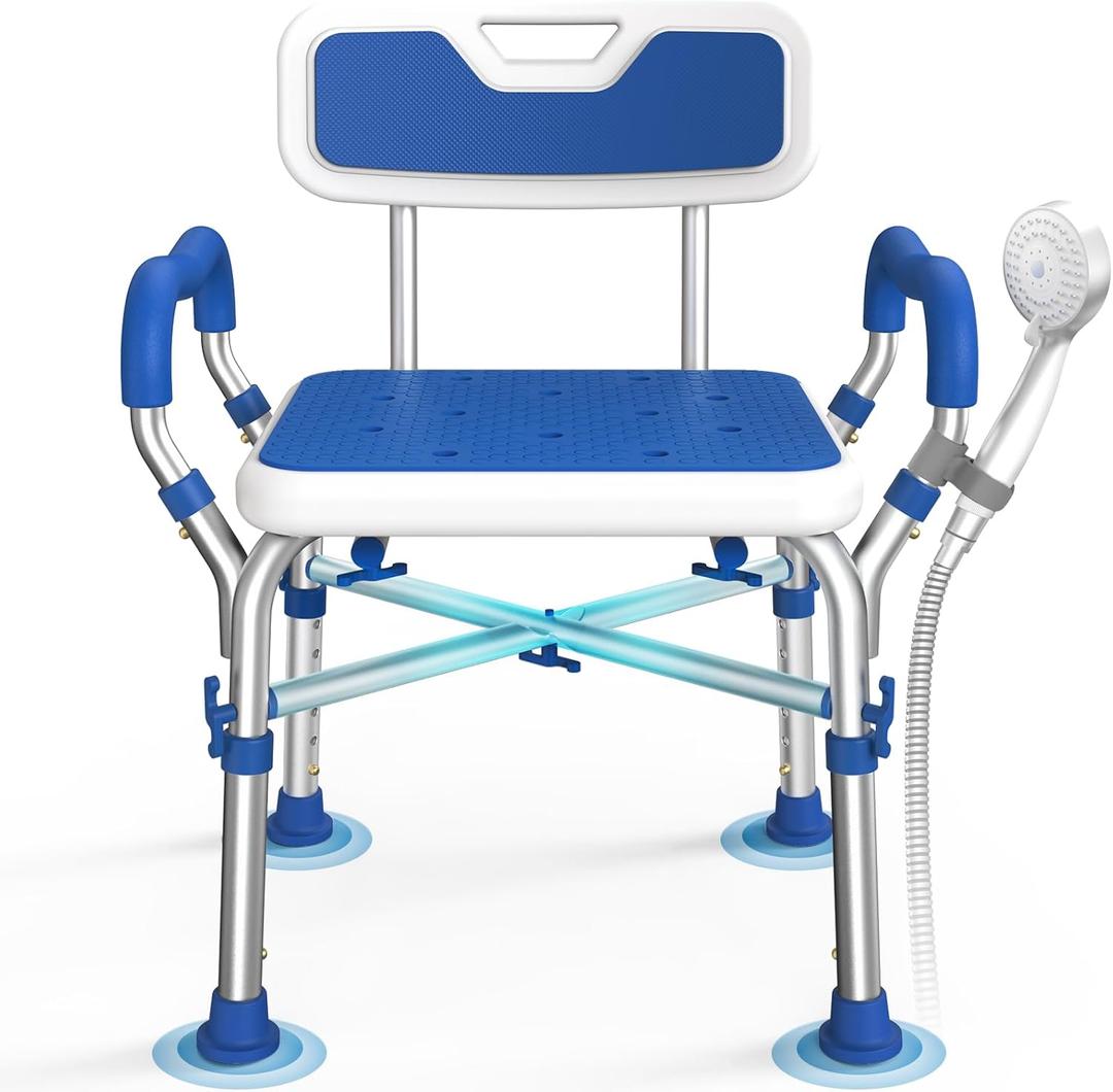 FSA/HSA Eligible Shower Chair for Inside Shower with Reinforced Crossing Bar, Heavy Duty Shower Seat 500lbs with Padded Arms and Back, Height Adjustable Shower Chair for Elderly and Disabled,  500lbs-with Back&Arm, Blue